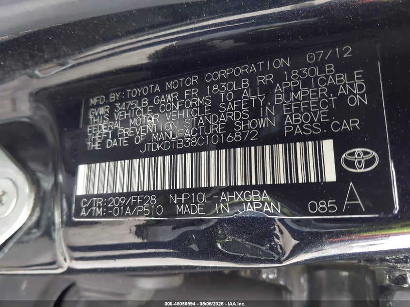 2012 Toyota Prius c VIN JTDKDTB38C1016872 IAAI salvage auction — LEFT FRONT, Salvage (California), sold $1,725 on 2026-07-20 (photo 9)