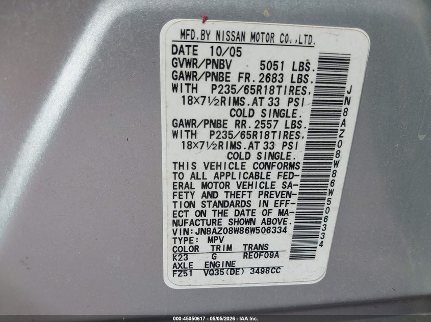 2006 Nissan Murano VIN JN8AZ08W86W506334 IAAI salvage auction — RIGHT SIDE, Salvage (California), sold $300 on 2026-07-08 (photo 9)