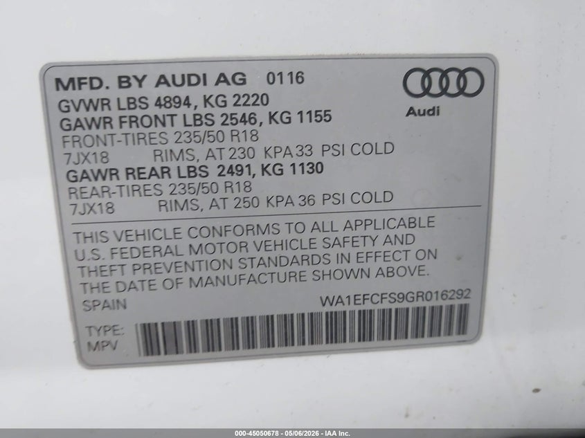 2016 Audi Q3 VIN WA1EFCFS9GR016292 IAAI salvage auction — REAR END, Salvage (New Jersey), sold $3,850 on 2026-08-16 (photo 9)