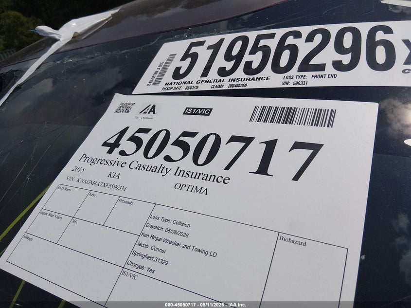 2015 Kia Optima VIN KNAGM4A7XF5596331 IAAI salvage auction — FRONT END, Salvage (South Carolina), sold $25 on 2026-07-21 (photo 9)