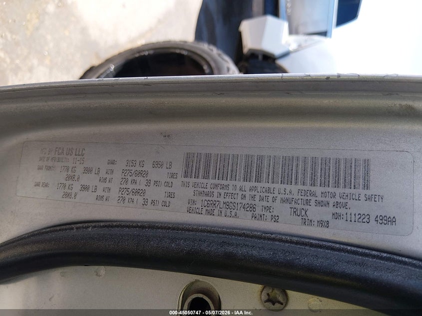 2016 Ram 1500 VIN 1C6RR7LM9GS174286 IAAI salvage auction — Burn Engine, Salvage (Texas), sold $1,900 on 2026-07-12 (photo 9)