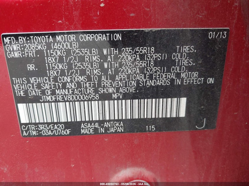 2013 Toyota Rav 4 VIN JTMDFREV8DD006958 IAAI salvage auction — RIGHT FRONT, Salvage (North Carolina), sold $3,850 on 2026-07-23 (photo 9)