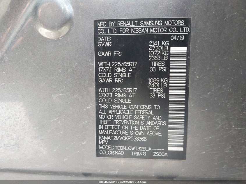 2019 Nissan Rogue VIN KNMAT2MV0KP553366 IAAI salvage auction — HAIL, Original (Texas), sold $4,550 on 2026-07-14 (photo 9)