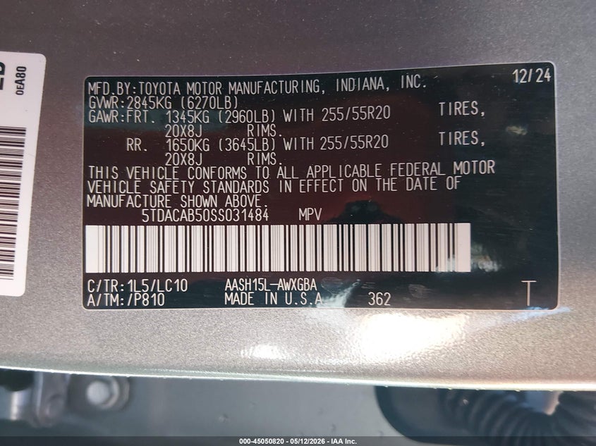 2025 Toyota Highlander VIN 5TDACAB50SS031484 IAAI salvage auction — SIDE, Salvage Title, sold $33,125 on 2026-07-22 (photo 9)