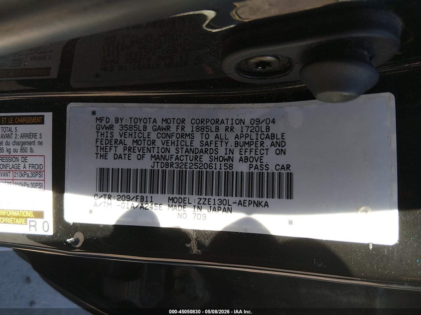 2005 Toyota Corolla VIN JTDBR32E252061158 IAAI salvage auction — RIGHT FRONT, Salvage (Idaho), sold $575 on 2026-07-23 (photo 9)