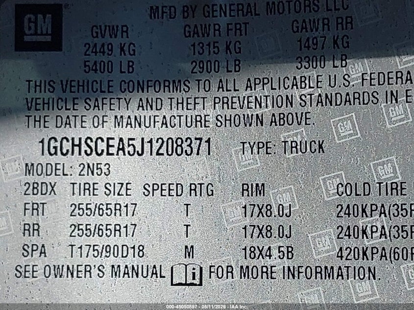 2018 Chevrolet Colorado VIN 1GCHSCEA5J1208371 IAAI salvage auction — LEFT & RIGHT, Salvage (California), sold $5,025 on 2026-07-09 (photo 9)