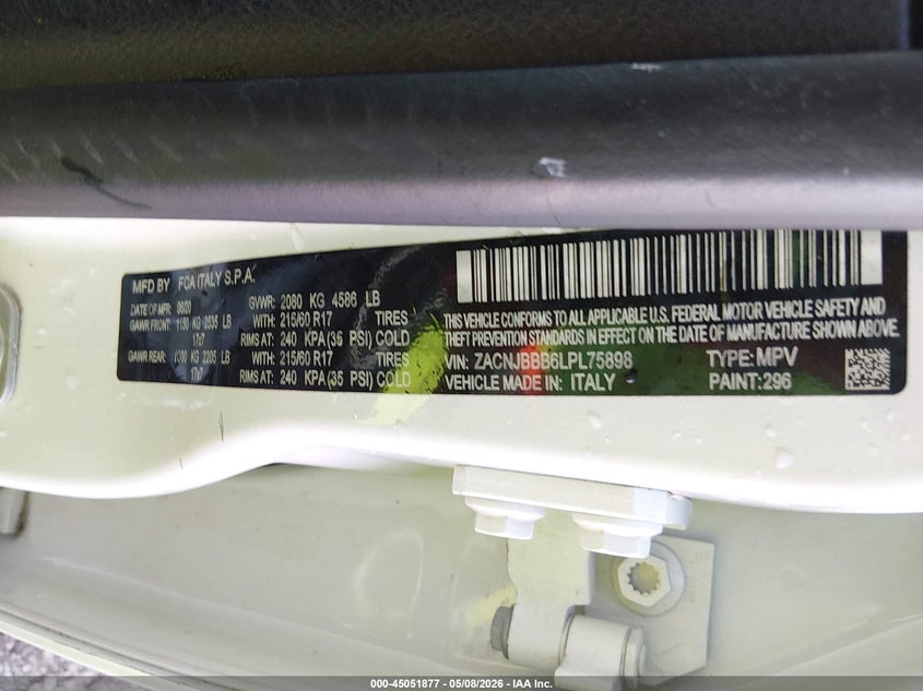 2020 Jeep Renegade VIN ZACNJBBB6LPL75898 IAAI salvage auction — FRONT END, Salvage Title, sold $950 on 2026-07-29 (photo 9)