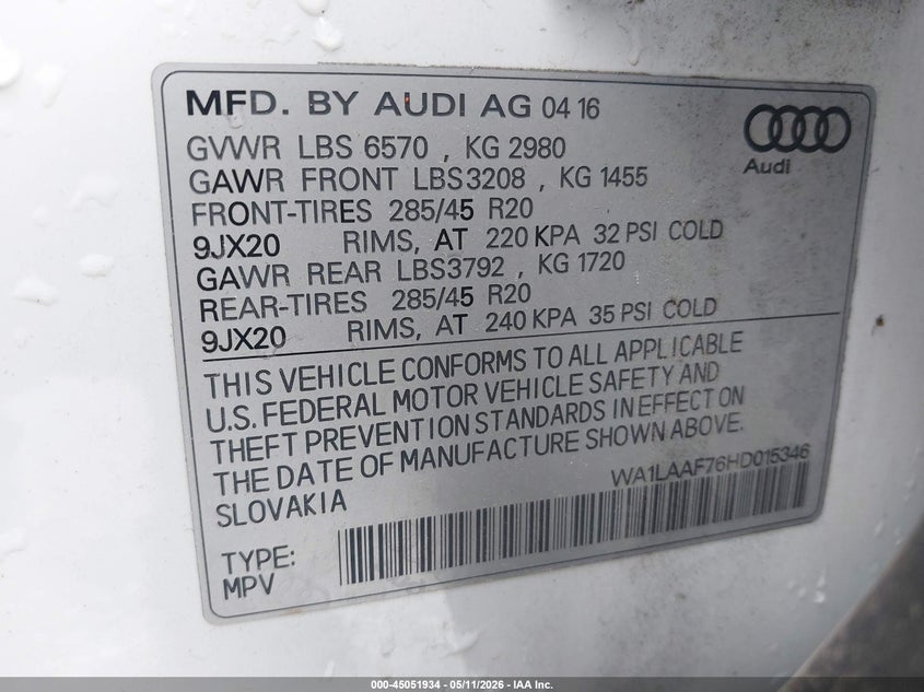 2017 Audi Q7 VIN WA1LAAF76HD015346 IAAI salvage auction — RIGHT REAR, Clear (Arkansas), sold $8,600 on 2026-07-08 (photo 9)