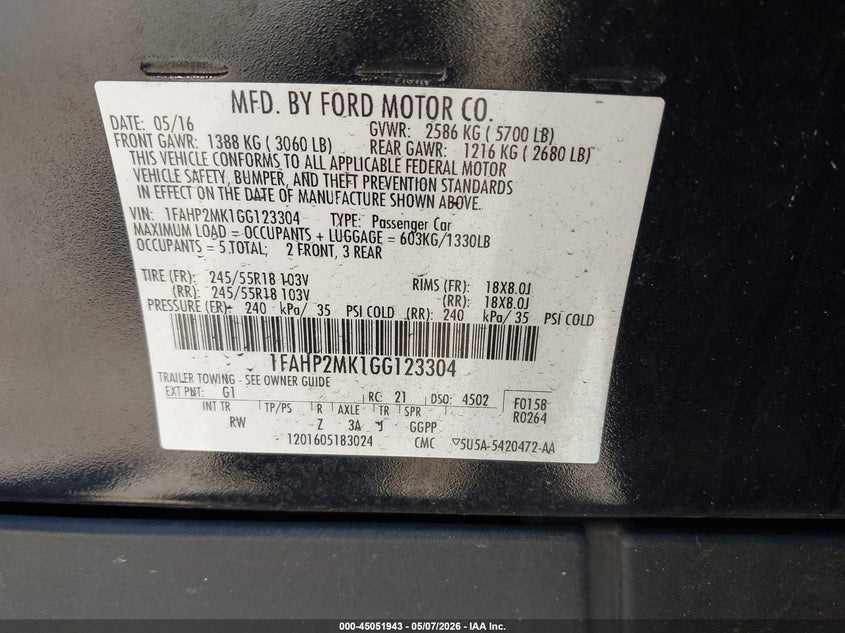 2016 Ford Police VIN 1FAHP2MK1GG123304 IAAI salvage auction — SIDE, Rebuildable (Florida), sold $700 on 2026-07-06 (photo 9)
