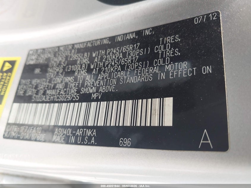 2012 Toyota Highlander VIN 5TDZA3EH1CS029755 IAAI salvage auction — FRONT END, Original (Texas), sold $4,375 on 2026-07-08 (photo 9)
