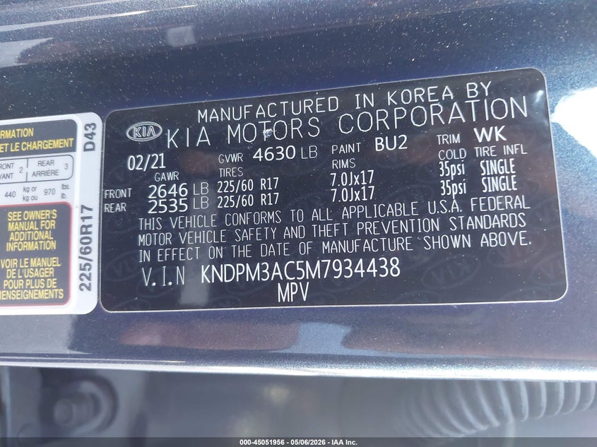 2021 Kia Sportage VIN KNDPM3AC5M7934438 IAAI salvage auction — REAR END, Salvage (California), sold $4,050 on 2026-07-29 (photo 9)