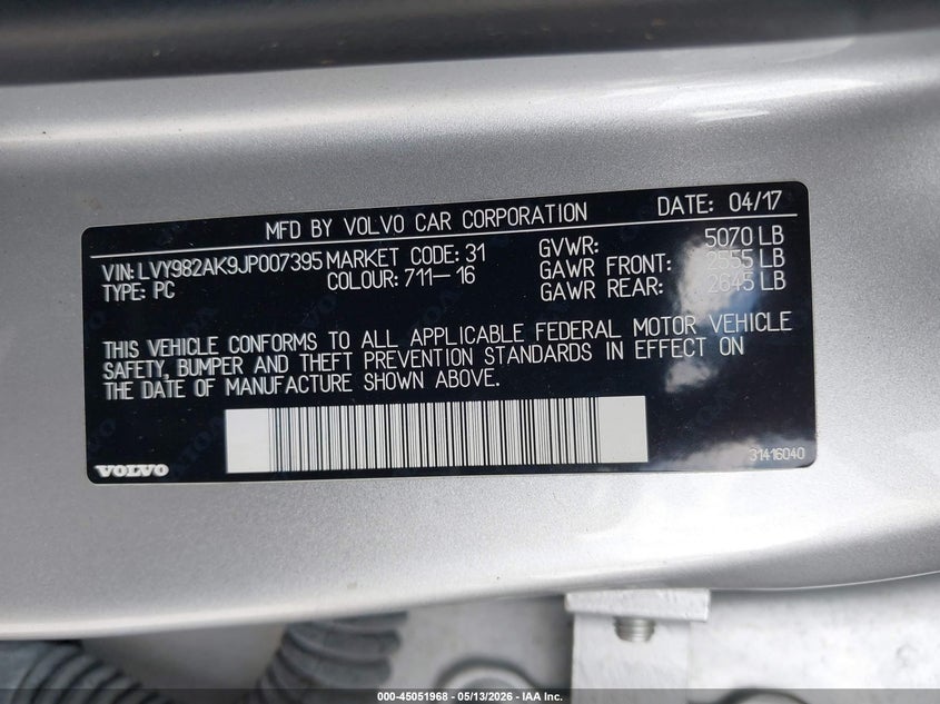 2018 Volvo S90 VIN LVY982AK9JP007395 IAAI salvage auction — LEFT SIDE, Rebuildable (Florida), sold $400 on 2026-07-15 (photo 9)