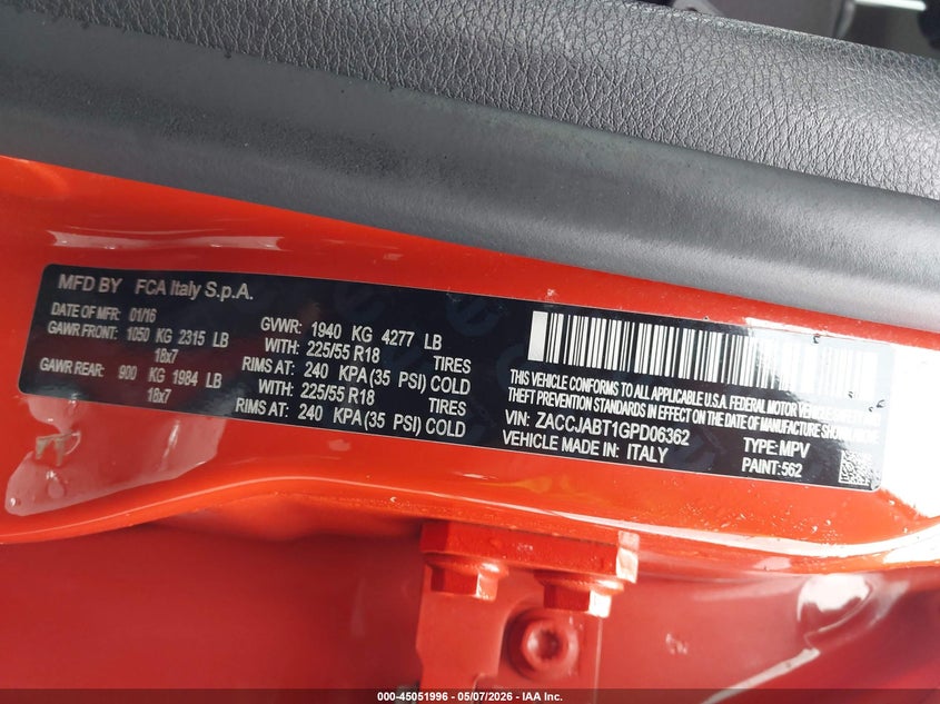 2016 Jeep Renegade VIN ZACCJABT1GPD06362 IAAI salvage auction — RIGHT FRONT, Salvage (North Carolina), sold $1,250 on 2026-07-13 (photo 9)
