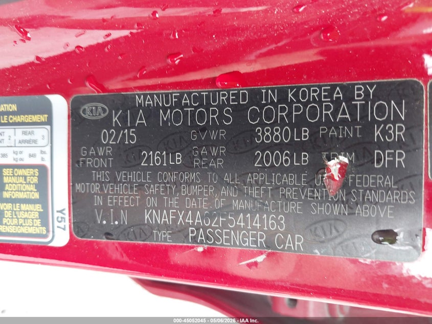 2015 Kia Forte VIN KNAFX4A62F5414163 IAAI salvage auction — FRONT END, Salvage (Louisiana), sold $75 on 2026-07-07 (photo 9)