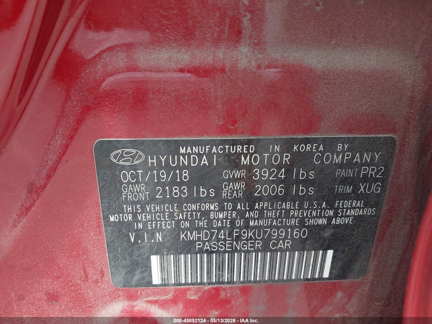 2019 Hyundai Elantra VIN KMHD74LF9KU799160 IAAI salvage auction — REAR END, Salvage (Idaho), sold $1,800 on 2026-07-30 (photo 9)