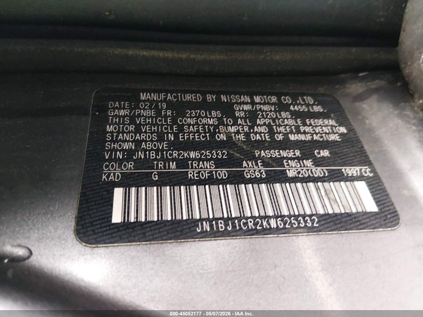 2019 Nissan Rogue VIN JN1BJ1CR2KW625332 IAAI salvage auction — RIGHT SIDE, Salvage (North Carolina), sold $2,350 on 2026-07-22 (photo 9)