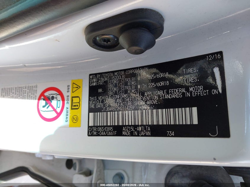 2017 Lexus Nx VIN JTJBARBZ2H2114259 IAAI salvage auction — RIGHT SIDE, Salvage (Illinois), sold $8,600 on 2026-07-07 (photo 9)