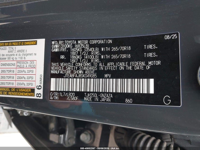 2025 Toyota Land cruiser VIN JTEABFAJ8SK049085 IAAI salvage auction — LEFT SIDE, Original (Texas), sold $40,025 on 2026-07-27 (photo 9)