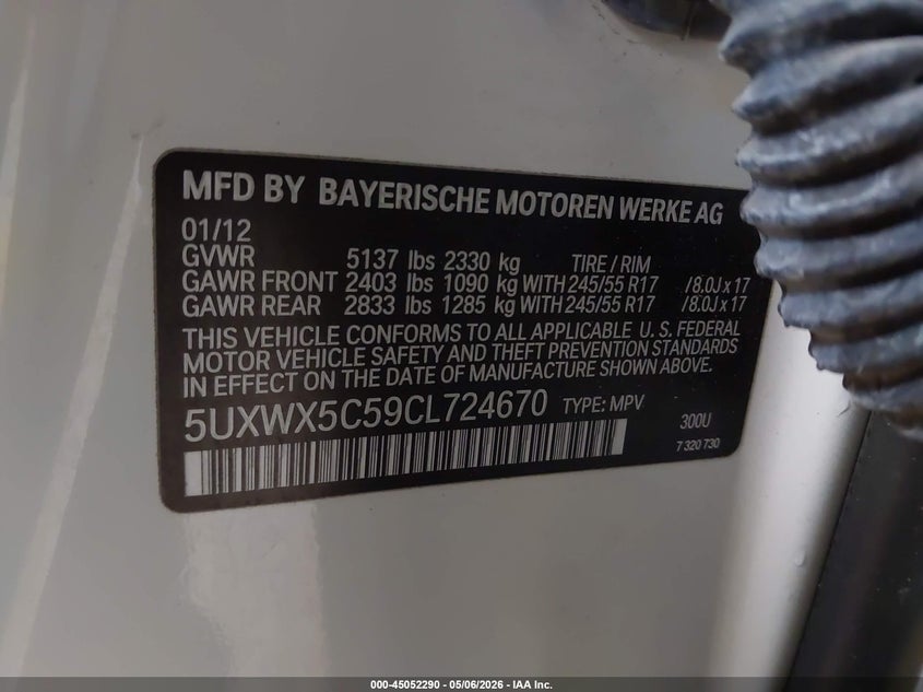 2012 BMW X3 VIN 5UXWX5C59CL724670 IAAI salvage auction — FRONT END, Salvage (North Carolina), sold $25 on 2026-07-27 (photo 9)