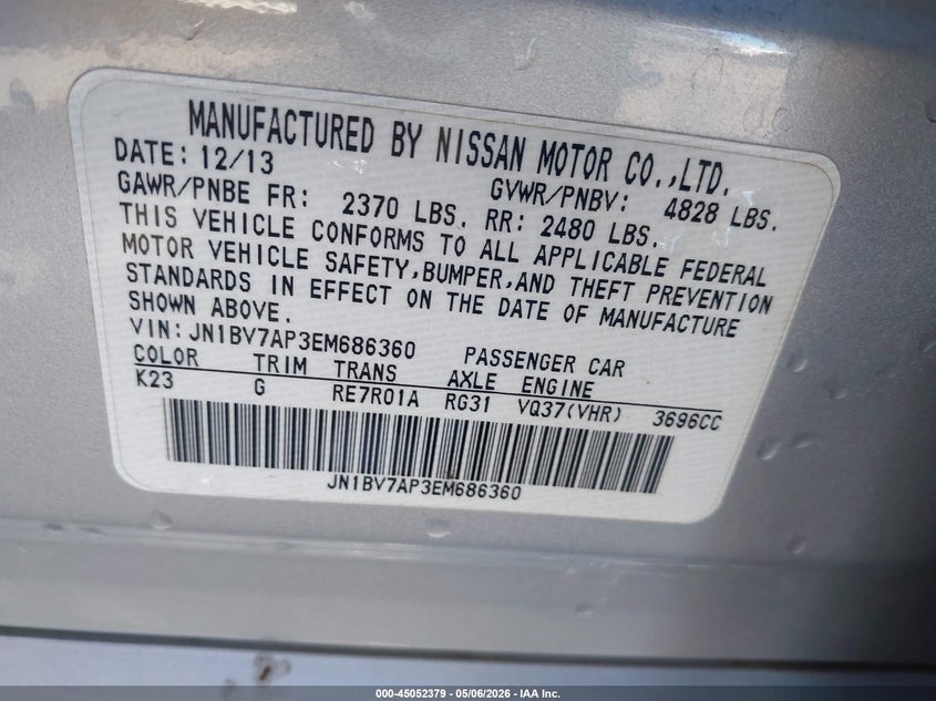 2014 Infiniti Q50 VIN JN1BV7AP3EM686360 IAAI salvage auction — REAR END, Salvage (Arizona), sold $1,050 on 2026-07-07 (photo 9)