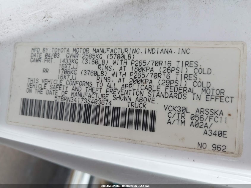 2003 Toyota Tundra VIN 5TBRN34173S403674 IAAI salvage auction — NORMAL WEAR, Clear (Hawaii), sold $975 on 2026-07-21 (photo 9)
