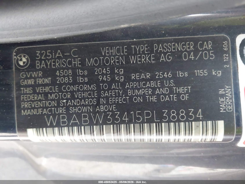 2005 BMW 3 series VIN WBABW33415PL38834 IAAI salvage auction — FRONT END, Salvage (Hawaii), sold $25 on 2026-08-18 (photo 9)
