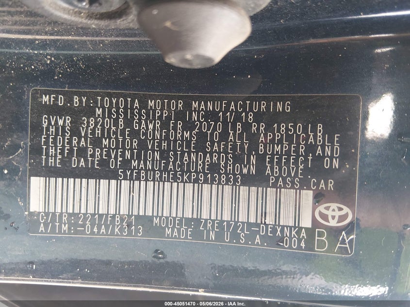 2019 Toyota Corolla VIN 5YFBURHE5KP913833 IAAI salvage auction — ROLLOVER, Junk Receipt (North Carolina), sold $1,300 on 2026-07-08 (photo 9)