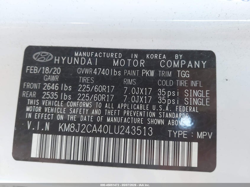2020 Hyundai Tucson VIN KM8J2CA40LU243513 IAAI salvage auction — RIGHT SIDE, Salvage (Idaho), sold $3,550 on 2026-07-27 (photo 9)