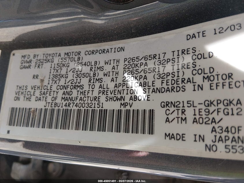 2004 Toyota 4runner VIN JTEBU14R740032151 IAAI salvage auction — FRONT & REAR, Salvage (Colorado), sold $1,750 on 2026-07-28 (photo 9)