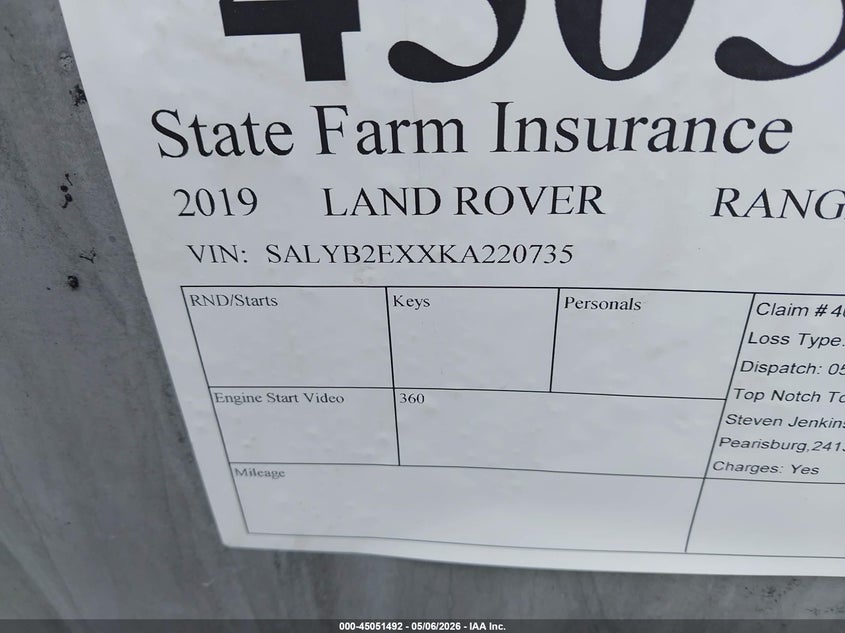 2019 Land rover Range rover velar VIN SALYB2EXXKA220735 IAAI salvage auction — TOTAL BURN, Non-Repairable (Virginia), sold $75 on 2026-07-21 (photo 9)