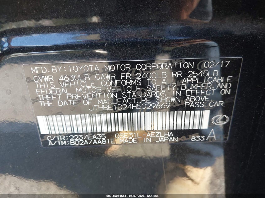 2017 Lexus Is VIN JTHBE1D24H5029669 IAAI salvage auction — FRONT END, Salvage (California), sold $1,900 on 2026-07-09 (photo 9)