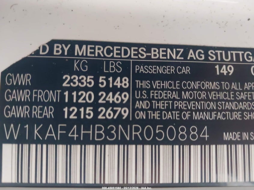 2022 Mercedes-benz C-klasse VIN W1KAF4HB3NR050884 IAAI salvage auction — RIGHT SIDE, Salvage (Georgia), sold $15,500 on 2026-07-13 (photo 9)