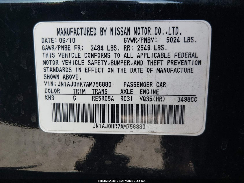 2010 Infiniti Ex35 VIN JN1AJ0HR7AM756880 IAAI salvage auction — FRONT END, Salvage (Nevada), sold $275 on 2026-07-24 (photo 9)