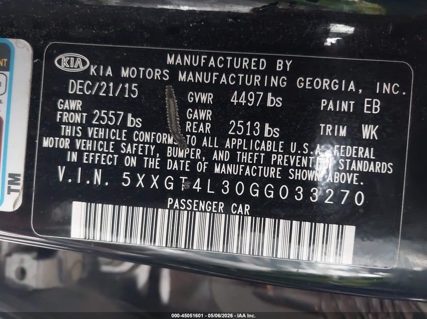 2016 Kia Optima VIN 5XXGT4L30GG033270 IAAI salvage auction — REAR END, Salvage (North Carolina), sold $950 on 2026-07-13 (photo 9)