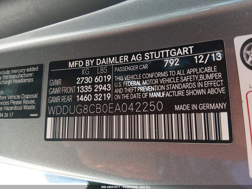 2014 Mercedes-benz S-klasse VIN WDDUG8CB0EA042250 IAAI salvage auction — RIGHT REAR, Salvage (Missouri), sold $9,450 on 2026-07-09 (photo 9)