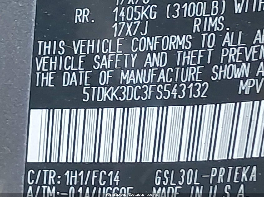 2015 Toyota Sienna VIN 5TDKK3DC3FS543132 IAAI salvage auction — FRONT & REAR, Mv-907A (New York), sold $2,050 on 2026-07-14 (photo 9)