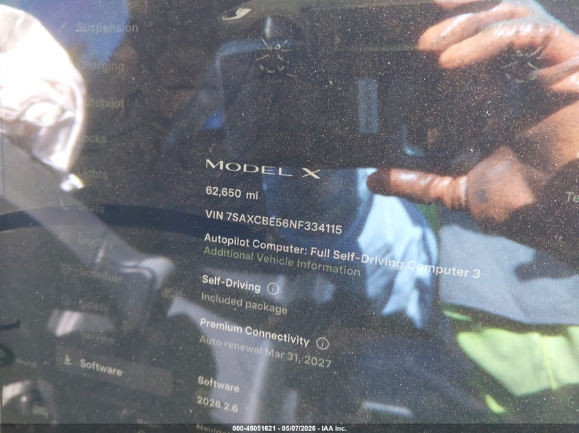 2022 Tesla Model x VIN 7SAXCBE56NF334115 IAAI salvage auction — FRONT & REAR, Salvage (California), sold $7,100 on 2026-07-14 (photo 7)