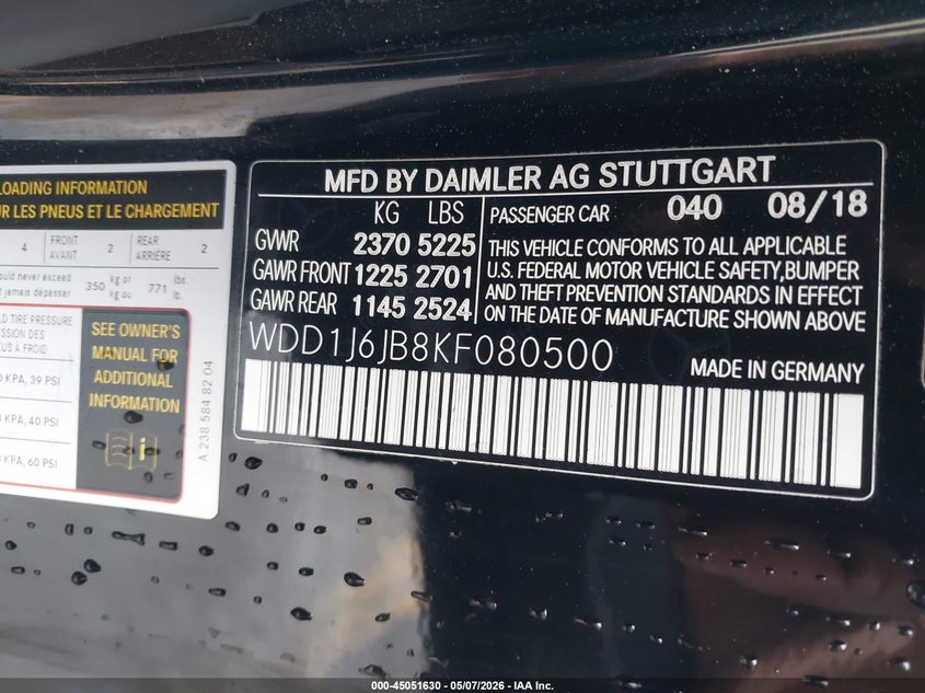 2019 Mercedes-benz E-klasse VIN WDD1J6JB8KF080500 IAAI salvage auction — FRONT END, Salvage Title, sold $4,000 on 2026-07-08 (photo 9)