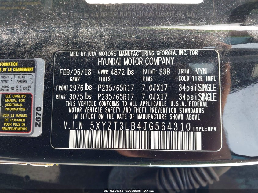 2018 Hyundai Santa fe VIN 5XYZT3LB4JG564310 IAAI salvage auction — SIDE, Rebuildable (Florida), sold $1,700 on 2026-07-13 (photo 9)