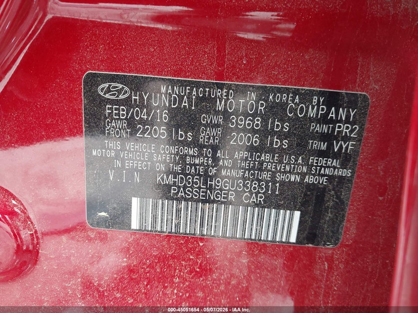 2016 Hyundai Elantra VIN KMHD35LH9GU338311 IAAI salvage auction — FRONT END, Salvage (Georgia), sold $300 on 2026-07-08 (photo 9)