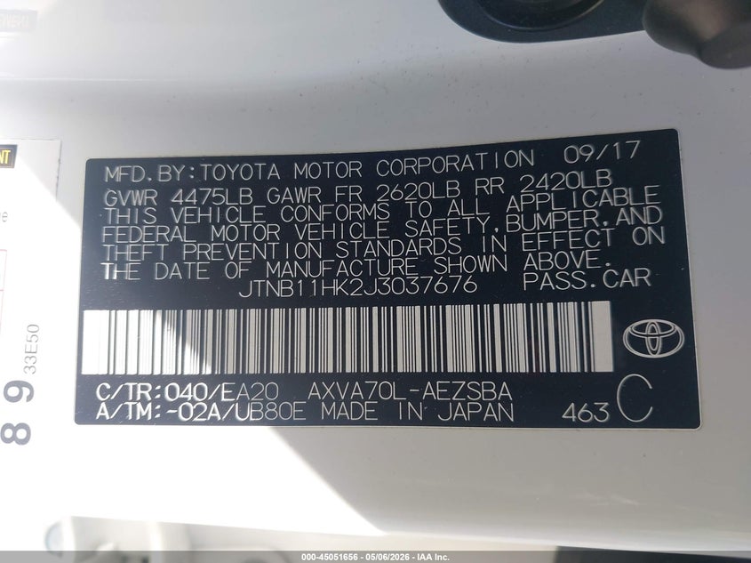 2018 Toyota Camry VIN JTNB11HK2J3037676 IAAI salvage auction — FRONT & REAR, Salvage (California), sold $4,650 on 2026-07-26 (photo 9)