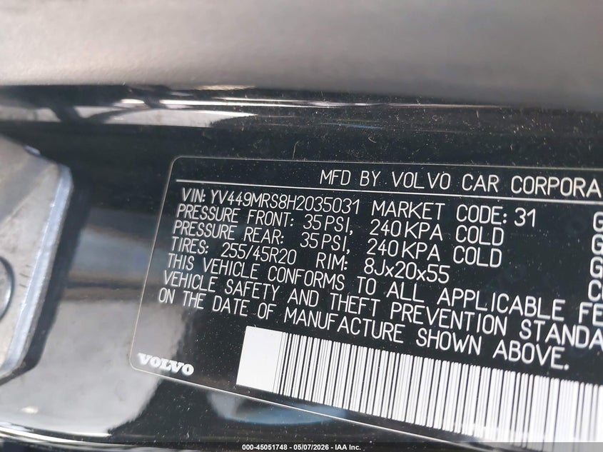 2017 Volvo Xc60 VIN YV449MRS8H2035031 IAAI salvage auction — LEFT FRONT, Clear (Michigan), sold $3,500 on 2026-07-16 (photo 9)