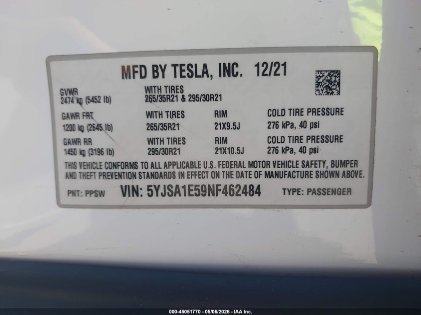 2022 Tesla Model s VIN 5YJSA1E59NF462484 IAAI salvage auction — REAR END, Salvage (Arizona), sold $18,100 on 2026-07-28 (photo 9)