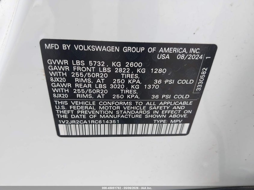 2024 Volkswagen Atlas VIN 1V2JR2CA1RC614351 IAAI salvage auction — FRONT END, Original (Texas), sold $7,150 on 2026-07-29 (photo 9)