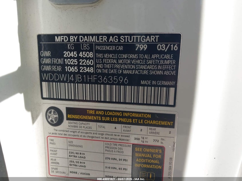 2017 Mercedes-benz C-klasse VIN WDDWJ4JB1HF363596 IAAI salvage auction — ENGINE BURN, Certificate Of Destruction (Florida), sold $225 on 2026-07-13 (photo 9)
