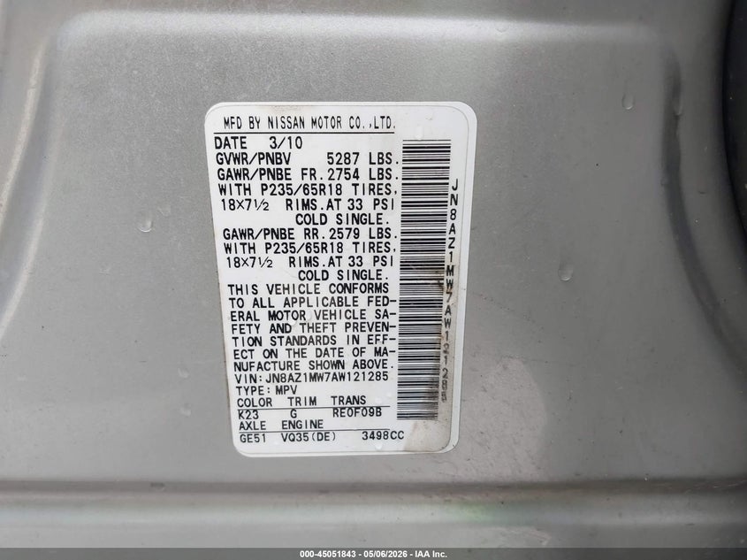 2010 Nissan Murano VIN JN8AZ1MW7AW121285 IAAI salvage auction — FRONT END, Original (Texas), sold $925 on 2026-07-09 (photo 9)
