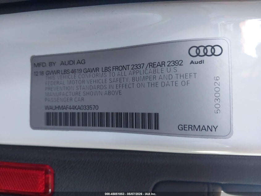 2019 Audi A4 VIN WAUHMAF44KA033570 IAAI salvage auction — RIGHT FRONT, Certificate Of Destruction (Florida), sold $800 on 2026-07-28 (photo 9)