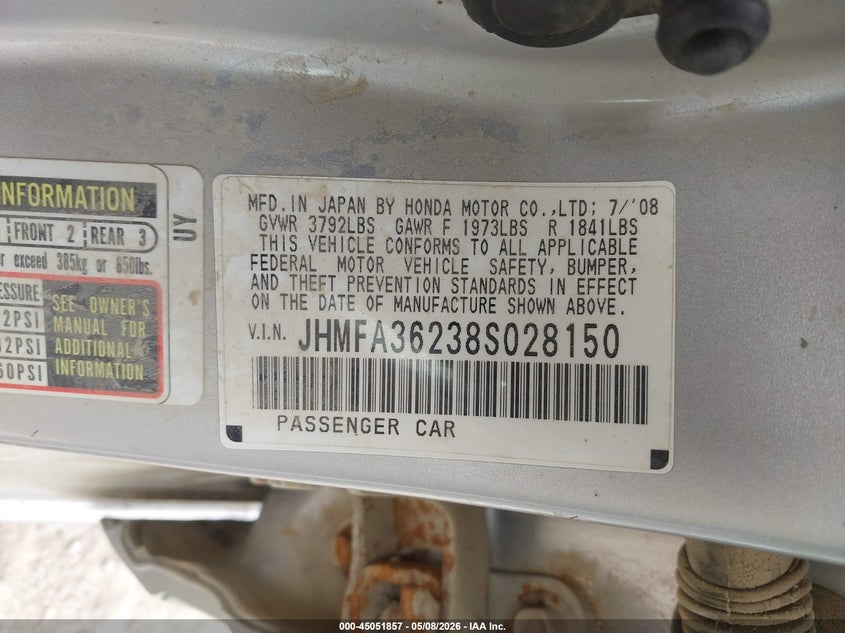 2008 Honda Civic hybrid VIN JHMFA36238S028150 IAAI salvage auction — NORMAL WEAR, Clear (Montana), sold $125 on 2026-07-08 (photo 9)