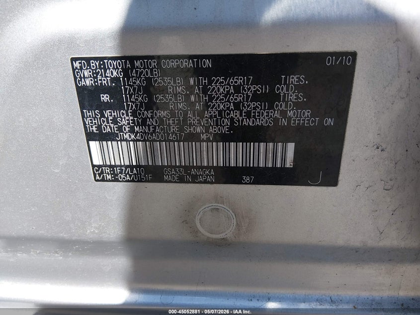 2010 Toyota Rav4 VIN JTMDK4DV6AD014617 IAAI salvage auction — REAR END, Salvage (Kentucky), sold $2,050 on 2026-07-20 (photo 9)