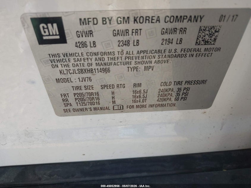 2017 Chevrolet Trax VIN KL7CJLSBXHB114966 IAAI salvage auction — RIGHT FRONT, Salvage Title, sold $325 on 2026-07-27 (photo 9)